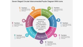 Seven staged circular interconnected puzzle diagram with icons flat powerpoint design