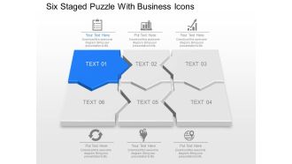 Six staged puzzle with business icons powerpoint template slide