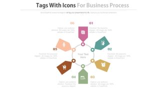 Six staged tags with icons for business process flat powerpoint design