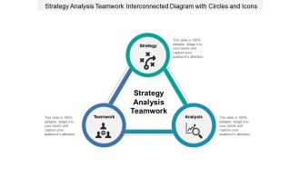 Strategy analysis teamwork interconnected diagram with circles and icons