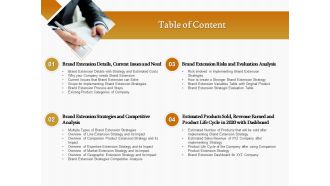 Table of content brand extension risks and evaluation analysis ppt icon