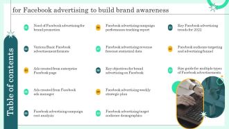 Table Of Contents For Facebook Advertising To Build Brand Awareness Ppt Icon Designs Download