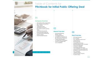 Table of contents for pitchbook for initial public offering deal ppt icon