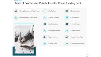 Table of contents for private investor round funding deck ppt icon slide