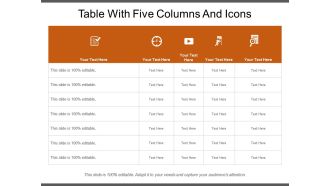 Table with five columns and icons