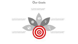 Target board with five petals and icons diagram powerpoint slides