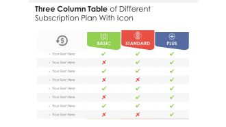 Three column table of different subscription plan with icon