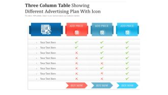 Three column table showing different advertising plan with icon