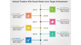 Vertical timeline with social media icons target achievement flat powerpoint design