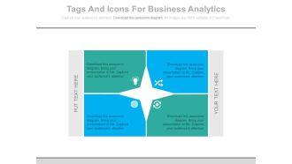 View four staged tags and icons for business analytics flat powerpoint design